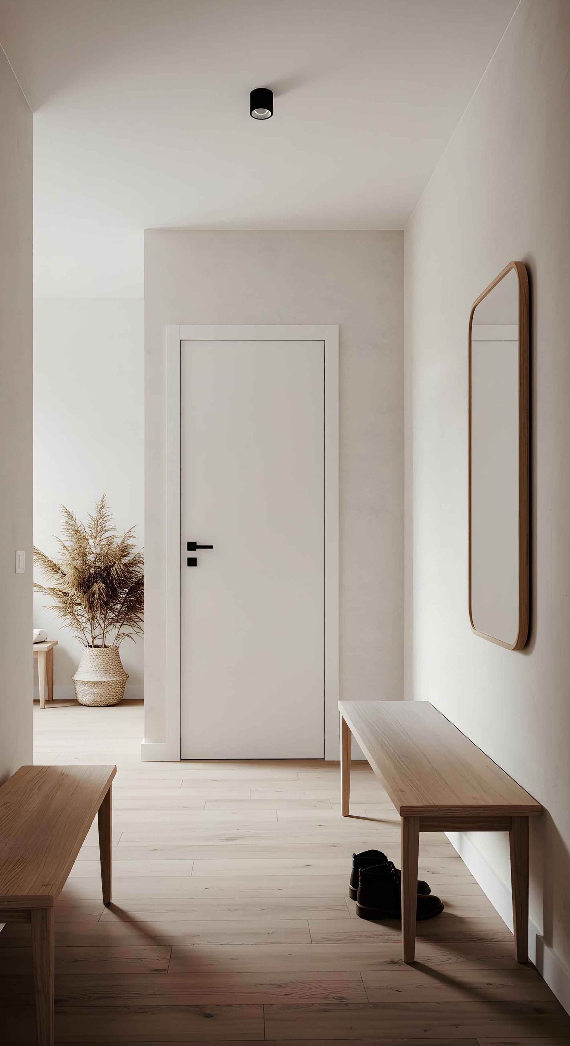 Interior minimalista del pasillo con banco de madera y espejo en Vélez-Málaga